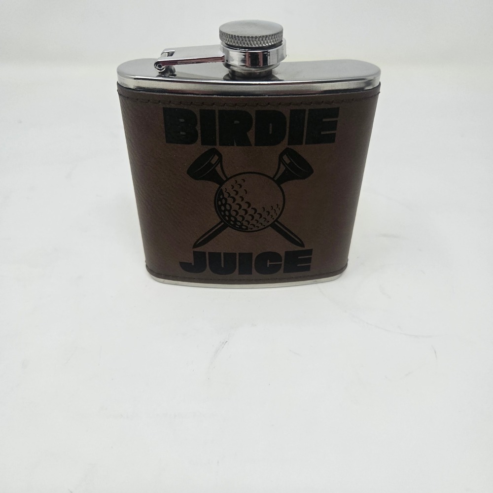 Birdie Juice Golf Hip Flask 6oz Stainless‎ Steel Brown Faux Leather Wrap